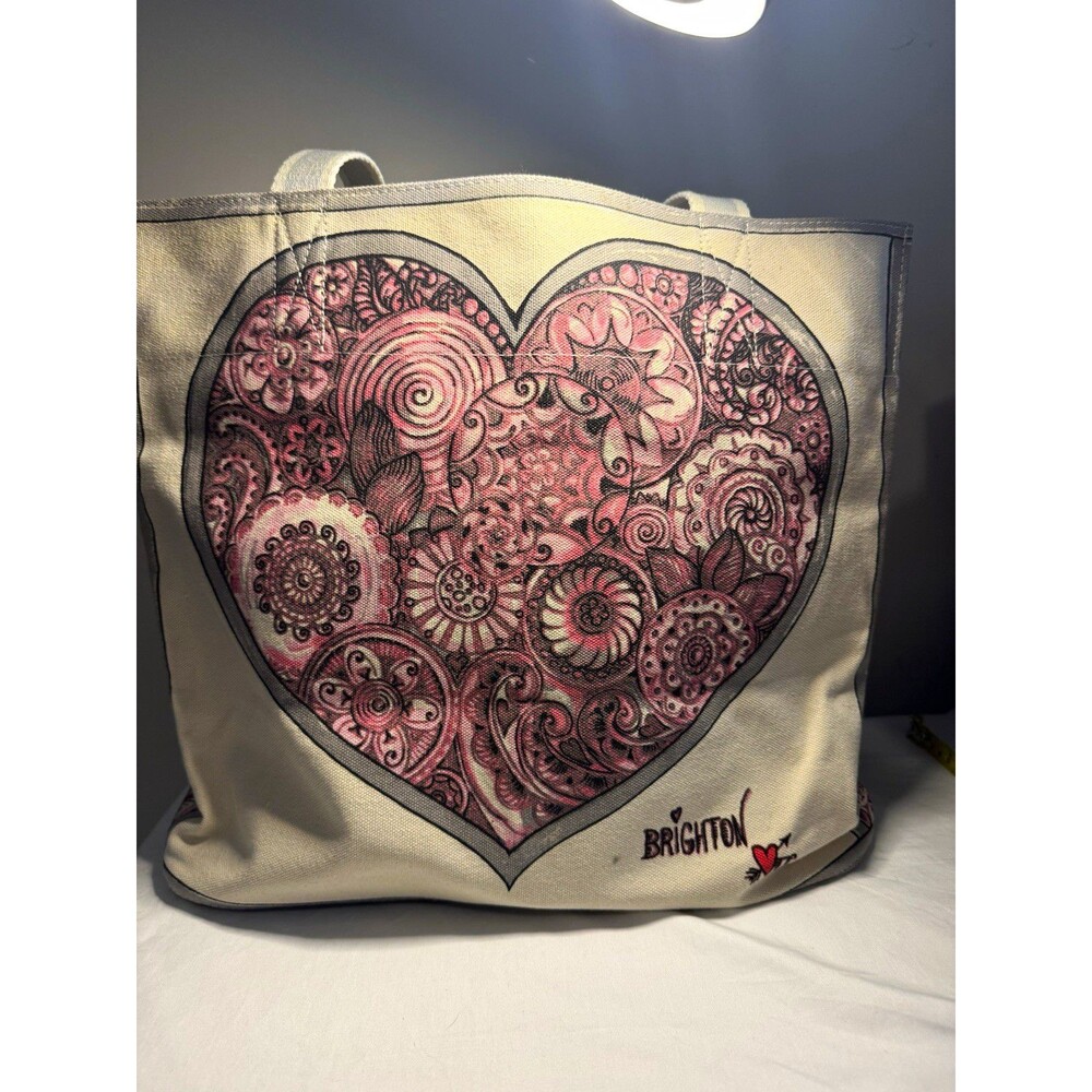 Brighton Canvas Tote Bag Heart LOVE Print Beige Pink Gray 16x14x9 Zip Pocket